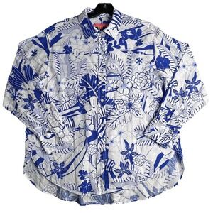 Vilagallo Top Women's 46 Button Up Long Sleeve Blouse Floral Tropical White Blue
